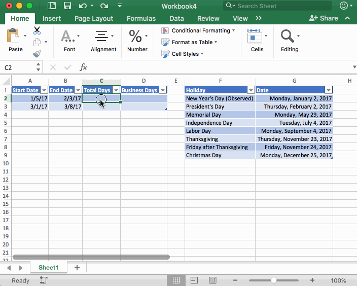 Calculate business days between two dates - total days